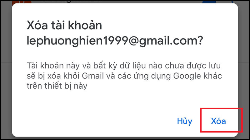 Xác nhận xóa tài khoản để đăng xuất Gmail