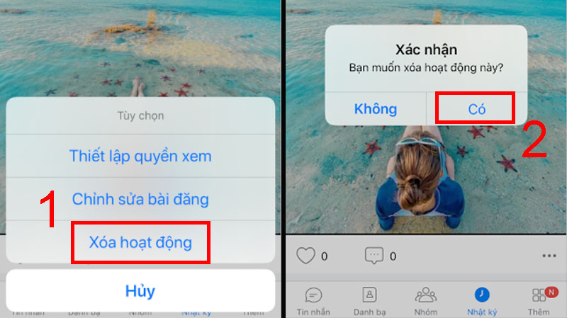 Xác nhận để xóa hoạt động của nhật ký, bài đăng chung trên Zalo