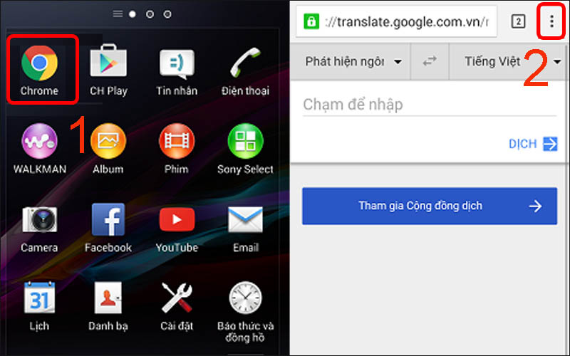 V&agrave;o ứng dụng Chrome rồi chọn dấu 3 chấm