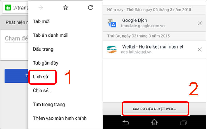  Chọn Lịch sử rồi chọn X&Oacute;A DỮ LIỆU DUYỆT WEB