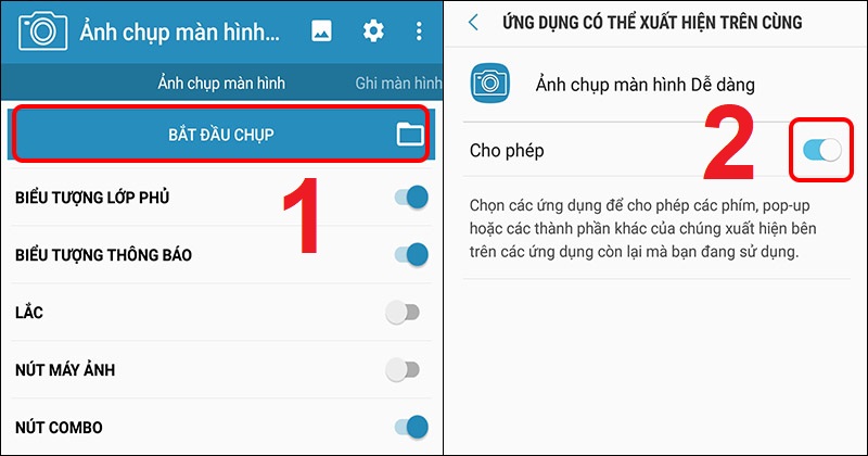 Bấm BẮT ĐẦU CHỤP v&agrave; bật Cho ph&eacute;p để cấp quyền truy cập cho ứng dụng tr&ecirc;n điện thoại
