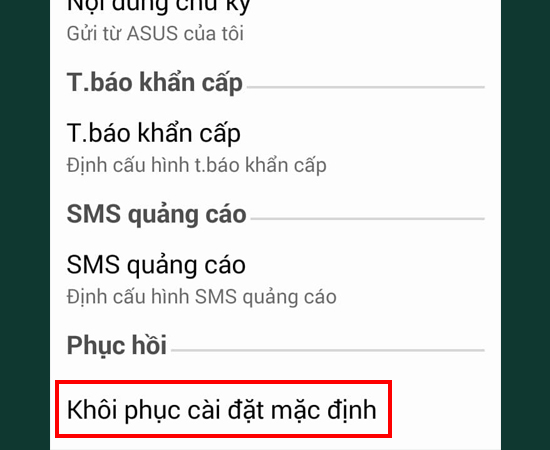 Bước 4: Kéo xuống cuối cùng, chọn vào Khôi phục cài đặt mặc định.