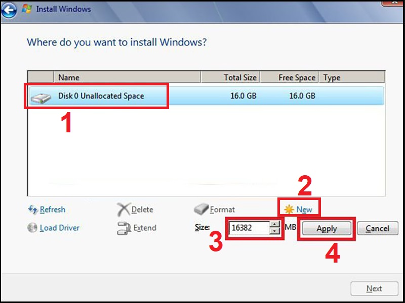 Tạo mới phân vùng để cài đặt Windows 7