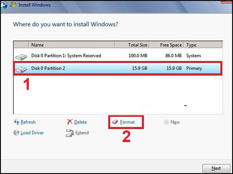 Định dạng lại phân vùng cài Windows