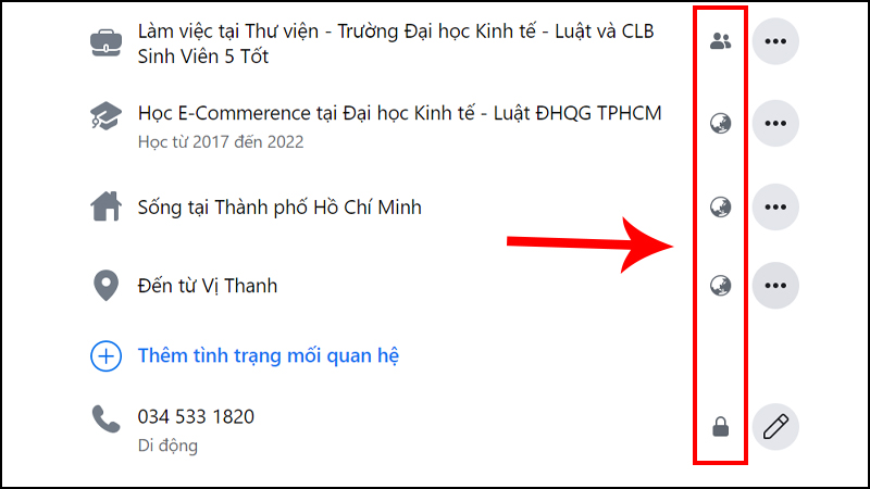 Chọn nội dung bạn muốn thay đổi quyền xem và nhấn vào mục chế độ chia sẻ bên cạnh