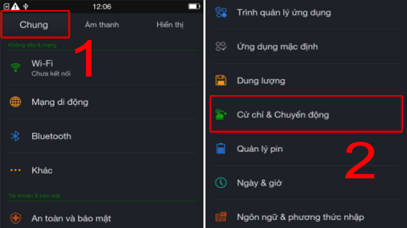 Truy cập v&agrave;o Cử chỉ & chuyển động 