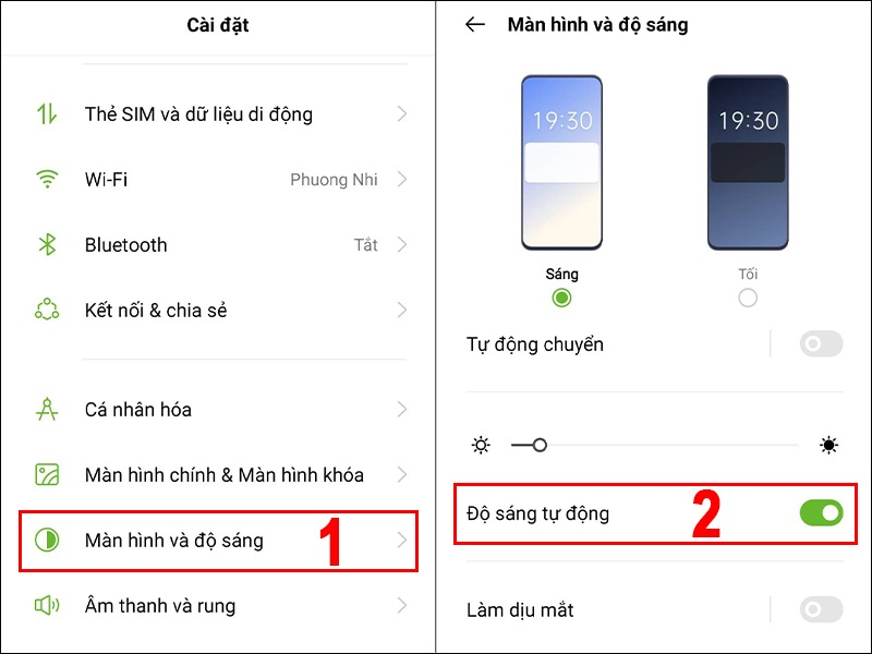 Bạn có thê bật tính năng Độ sáng tự động.thông qua phần Cài đặt của điện thoại