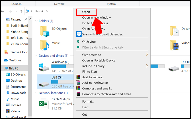 Nhấn chuột phải sau đó chọn Open để mở USB đã kết nối