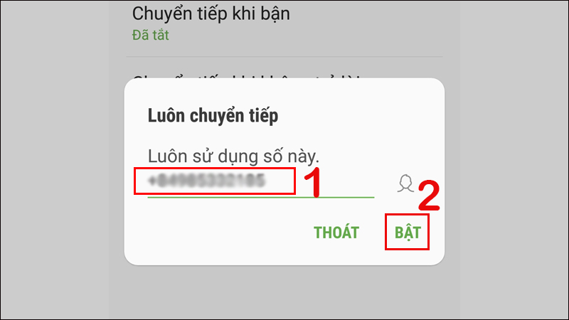 Nhập số điện thoại và nhấn bật