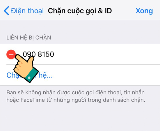 Bước 5: Nhấp vào dấu (-) đỏ của số điện thoại bạn muốn hủy chặn.