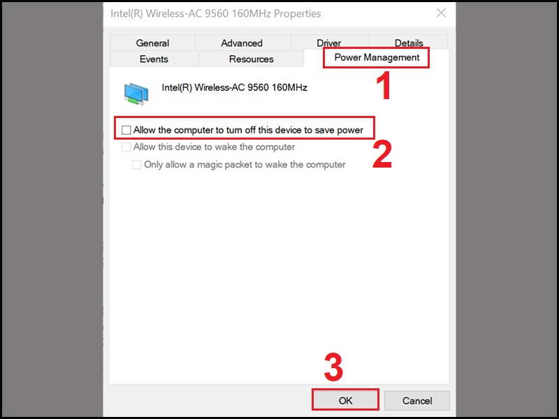 Bỏ chọn Allow the computer to turn off this device to save power