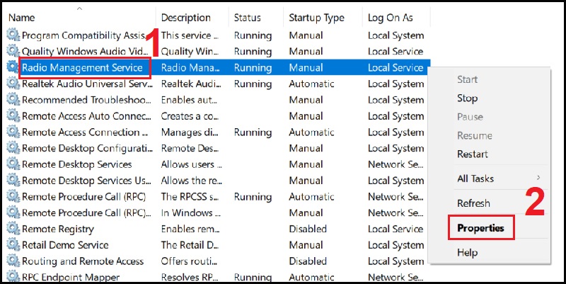 Mở Properties của Radio Management Service