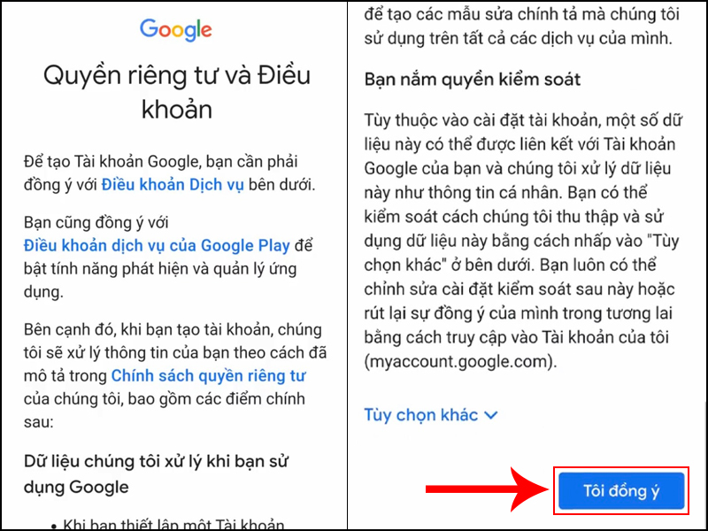 Nhấn Tôi đồng ý để xác nhận đồng ý với các điều khoản dịch vụ của Google