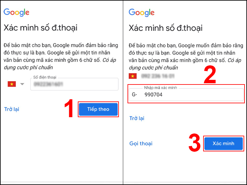 Nhập số điện thoại nhận mã xác minh, mã sẽ được gửi về máy, sau đó nhập mã và nhấn Xác minh để tiếp tục