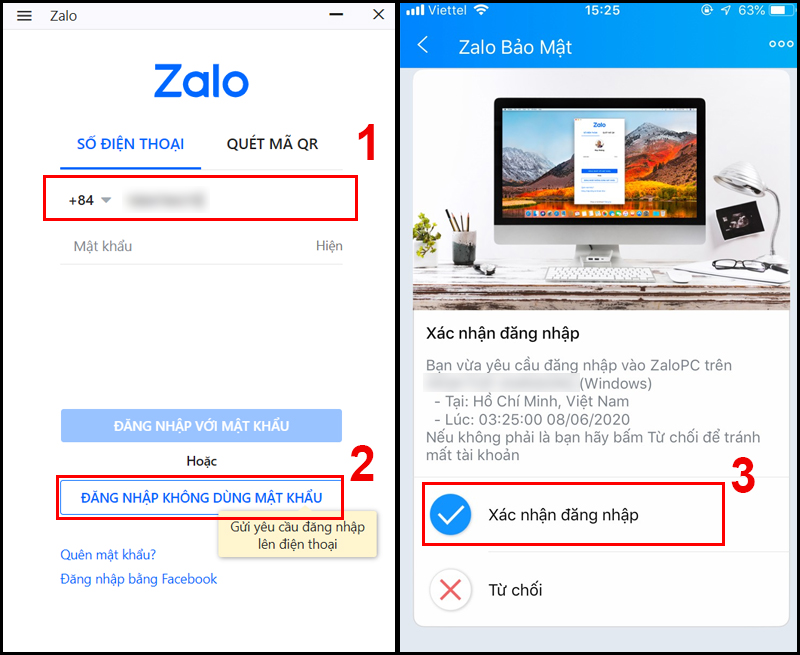 Login without a password use zalo on computer