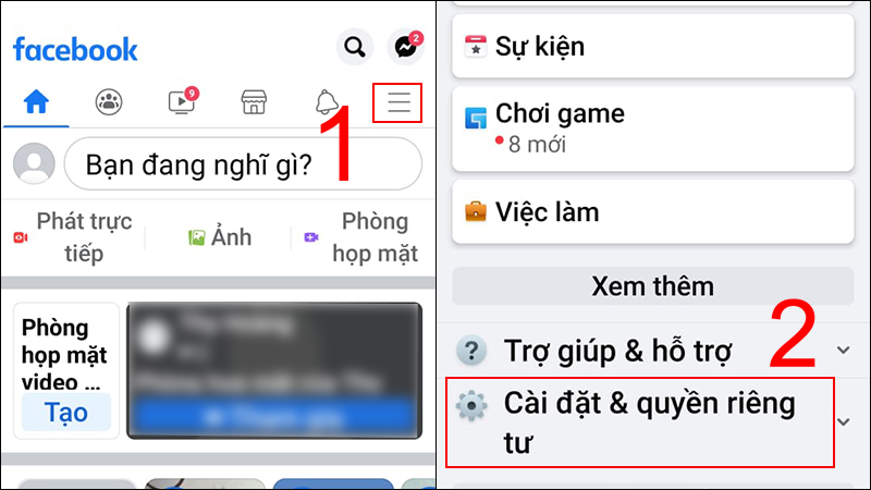 Vào Menu, chọn Cài đặt và quyền riêng tư