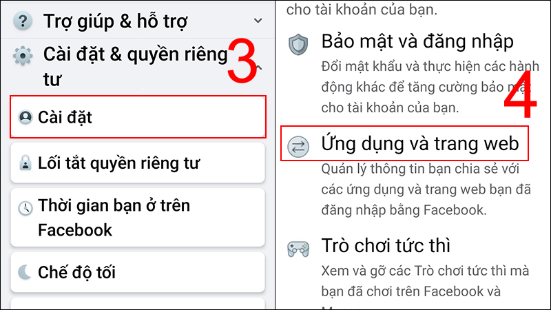 Vào Cài đặt, chọn Ứng dụng và trang web