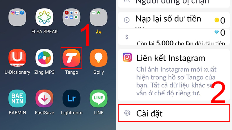 Vào Tango, chọn Cài đặt