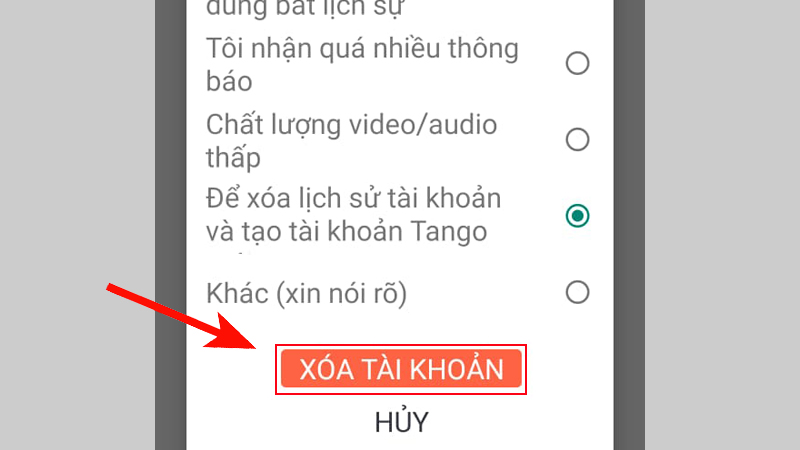 Tick các lý do, nhấn Xoá tài khoản