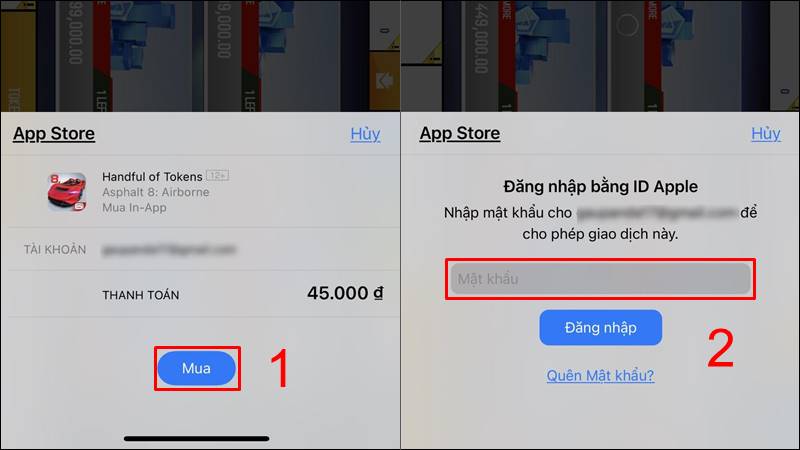 Sau khi nhấn mua (ảnh bên trái), bạn cần nhập mật khẩu của Apple ID để hoàn tất giao dịch