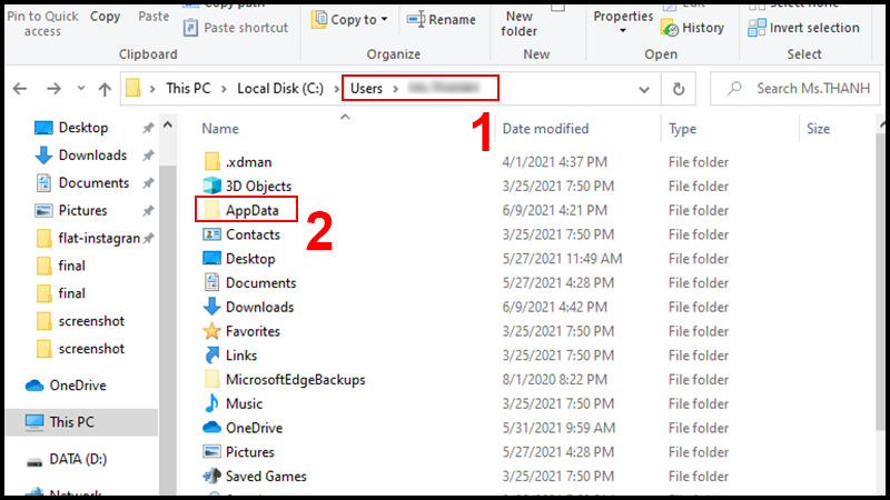 Truy cập App Data để x&oacute;a c&aacute;c thư mục c&ograve;n lại
