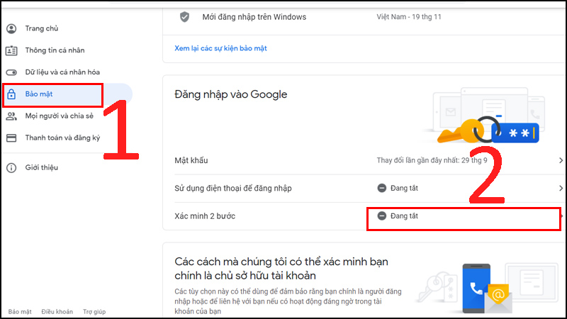 vào phần Bảo mật > Tìm mục Xác minh 2 bước và chọn Đang tắt.