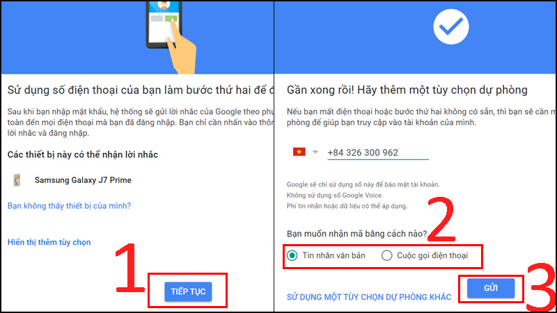 Tại mục Bạn muốn nhận mã bằng cách nào bạn có thể chọn bằng Tin nhắn văn bản hoặc Cuộc gọi điện thoại > Nhấn GỬI.