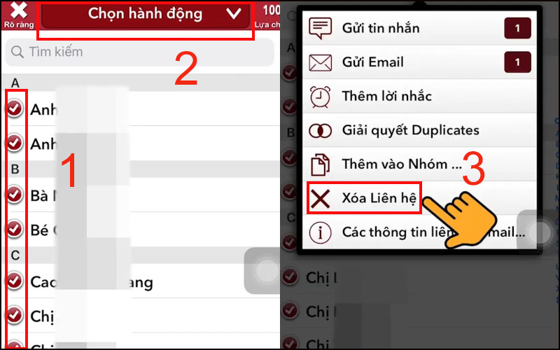 Chọn những số điện thoại cần xóa