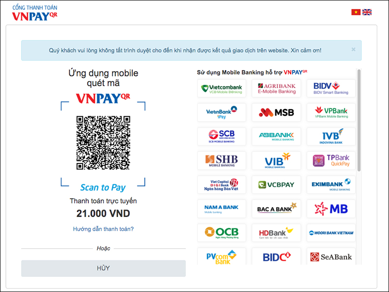 Giao diện thanh toán qua VNPAY QR