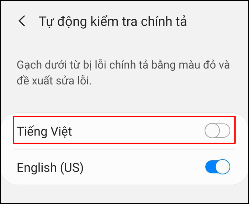 Nhấn tắt tại mục Tiếng Việt