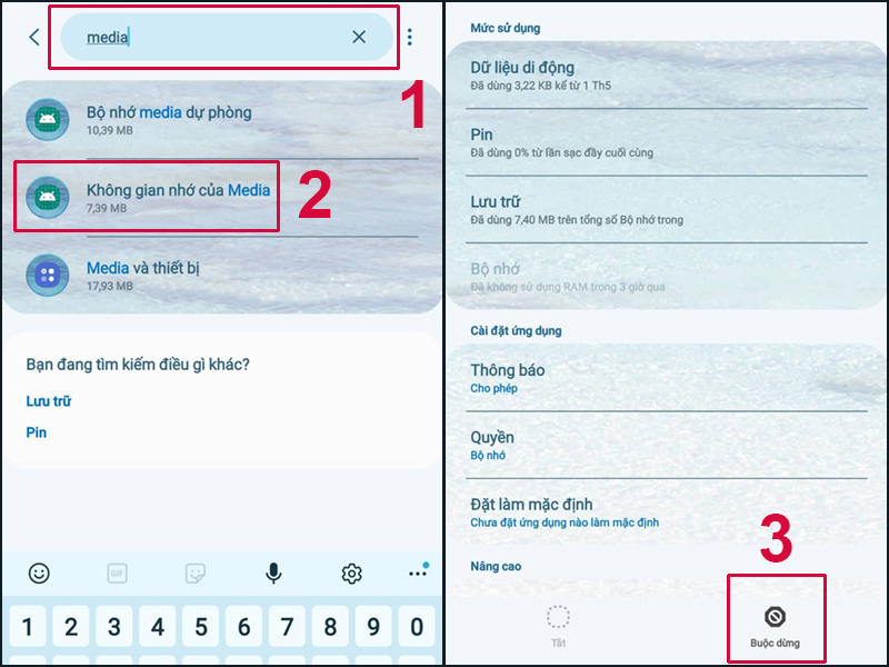 Chọn Buộc dừng để vô hiệu hóa bộ nhớ thiết bị