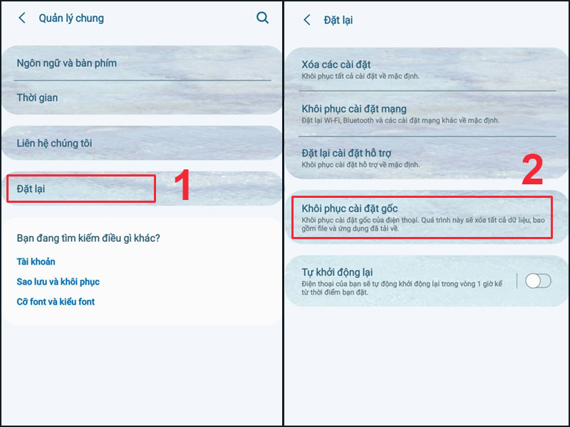 Ấn Đặt lại sau đó để hoàn thành khôi phục cài đặt gốc