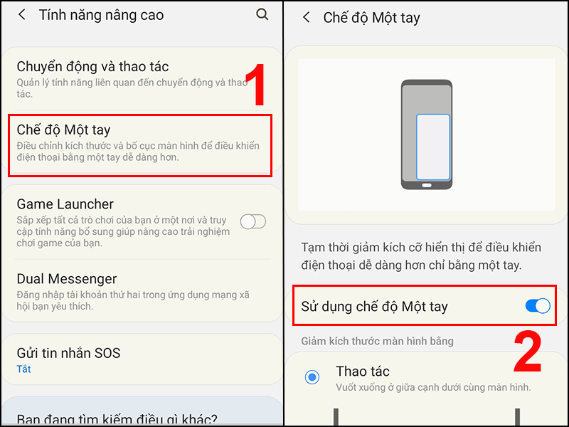 Nhấn bật ở mục Sử dụng chế độ Một tay