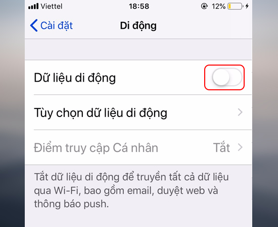 Bước 3: Bạn thấy Điểm truy cập Cá nhân bị ẩn không thể chọn được. Lúc này bạn bật Dữ liệu di động lên.