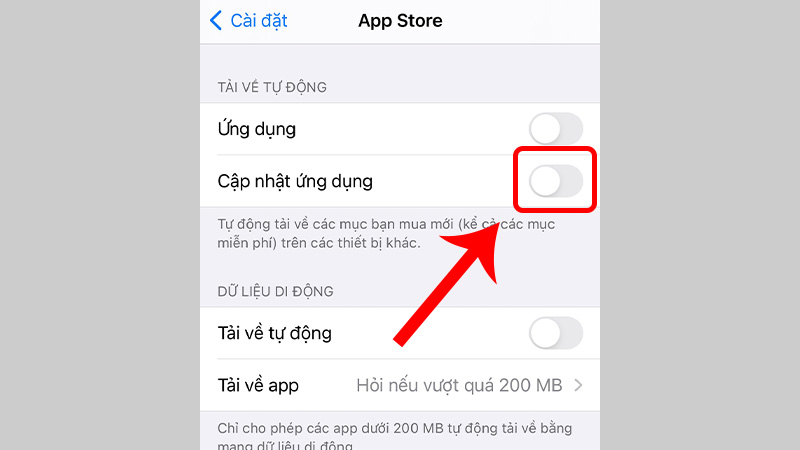 Tắt c&ocirc;ng tắt Cập nhật ứng dụng