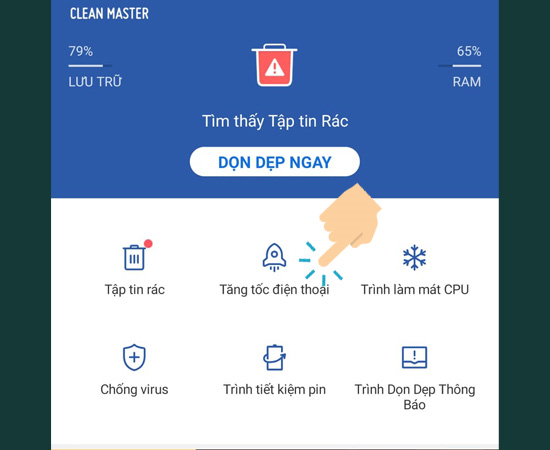 Bước 2: Bấm chọn Tăng tốc đện thoại để kiểm tra nhiệt độ CPU.