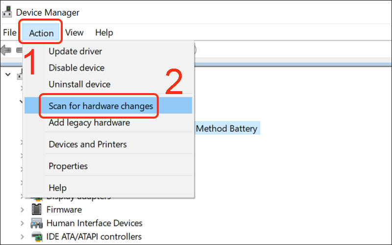 Chọn Action rồi nhấn vào Scan for hardware changes