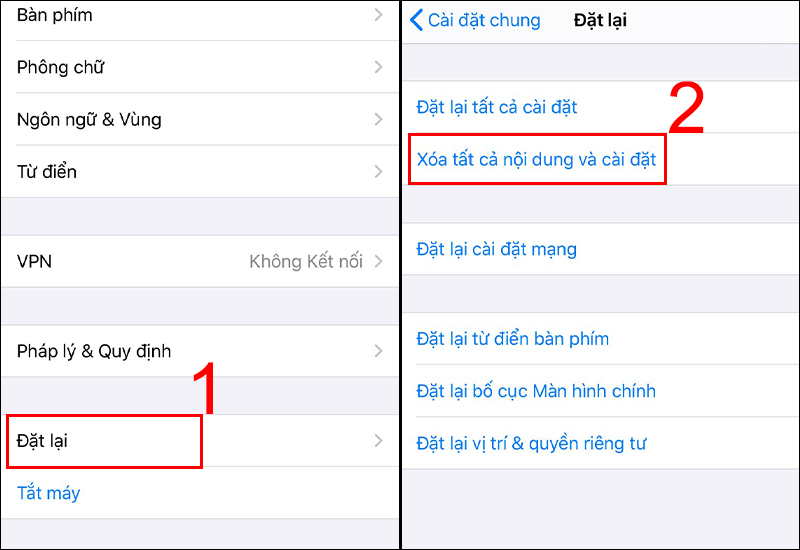 Bấm chọn Đặt lại và chọn Xóa tất cả nội dung và cài đặt