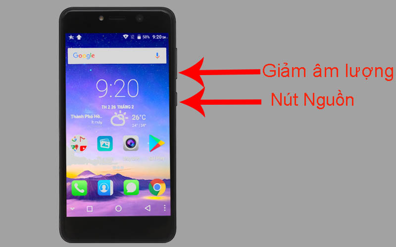 Nhấn đồng thời ph&iacute;m Nguồn v&agrave; ph&iacute;m Giảm &acirc;m lượng để chụp 