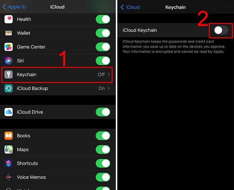 Chọn Keychain và trượt để bật chế độ iCloud Keychain