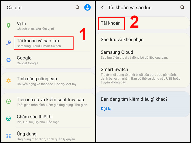 Chọn Tài khoản và sao lưu rồi chọn Tài khoản.