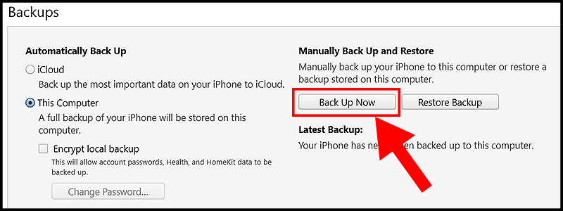 Kéo xuống phần Backups và chọn Back Up Now.