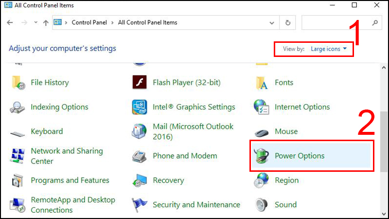 Tại mục View by, chọn chế độ xem là Large icons > chọn Power Options.