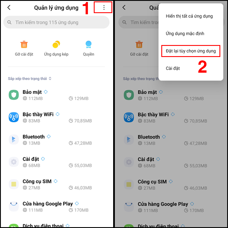 Thiết lập lại tùy chọn ứng dụng