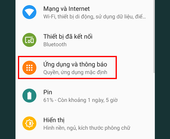 Bước 2: Chọn Ứng dụng và thông báo.