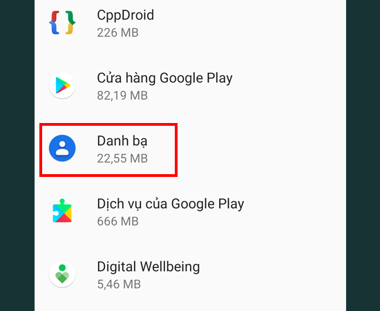 Bước 3: Chọn Danh bạ.