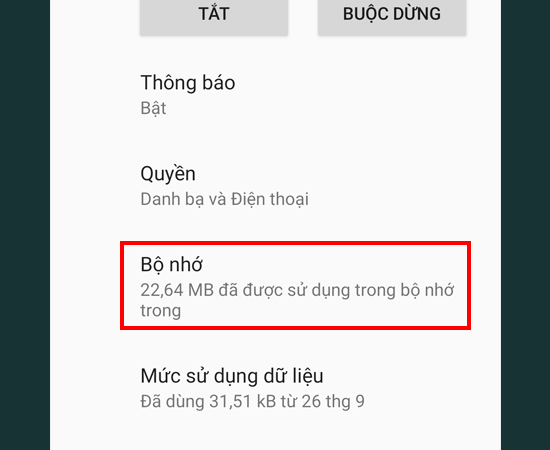 Bước 4: Tại đây, bạn chọn vào Bộ nhớ.