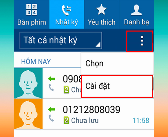  Vào nhật kí cuộc gọi -> biểu tượng 3 chấm -> Cài đặt