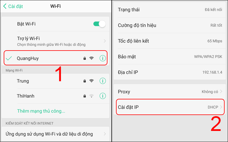 Nhấn vào tên WiFi đang sử dụng và chọn Cài đặt IP