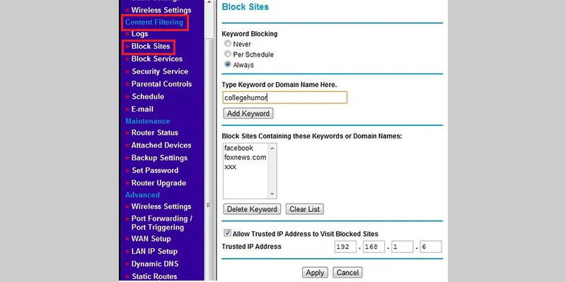 Chọn mục Content Filtering